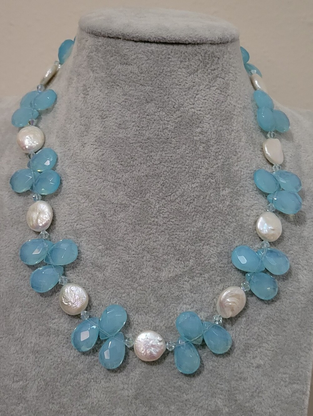 Stunning Blue Chalcedony, Coin Pearl & Swarovski Crystal Statement Necklace